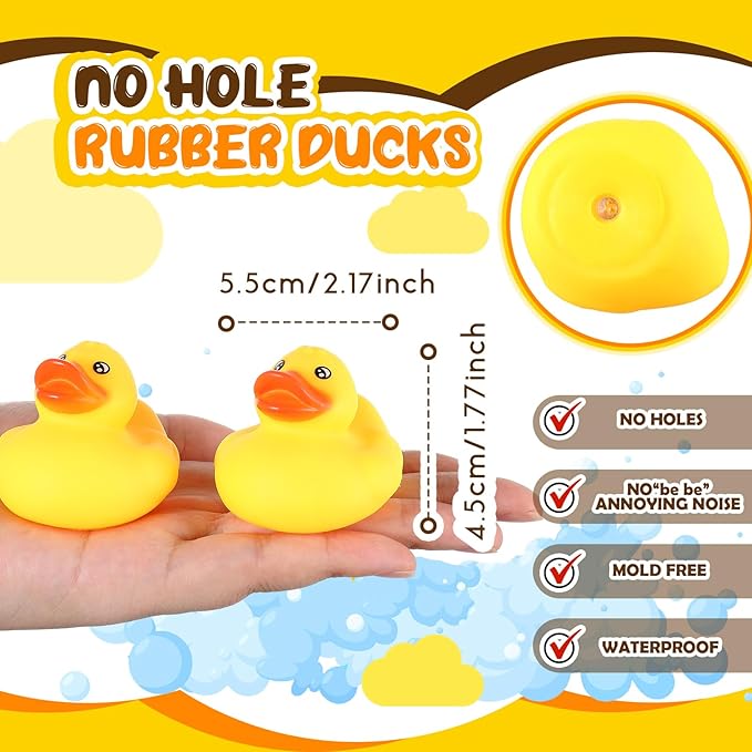 DEEKIN 12 Pcs Yellow Rubber Ducks No Hole Waterproof Duck Bath Pool Toy with Sealed Plug Without Hole Bathtub Floating Toy for Birthday Party Decoration Gift in Bulk (2.2 Inches)