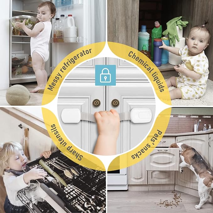 4our Kiddies Child Safety Cabinet Locks for Babies (6 Pack), Child Proof Latches for Cabinets and Drawers Doors, Baby Proofing Cabinet Strap Locks for Cupboard and Closet with 6 Pcs Extra 3M Adhesives