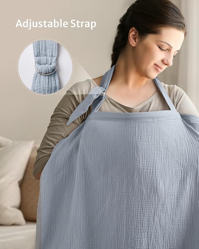Blissful Diary Muslin Nursing Cover for Breastfeeding, Breathable Breastfeeding Cover up with Arch Neckline for Women, Nursing Apron(Light Blue)