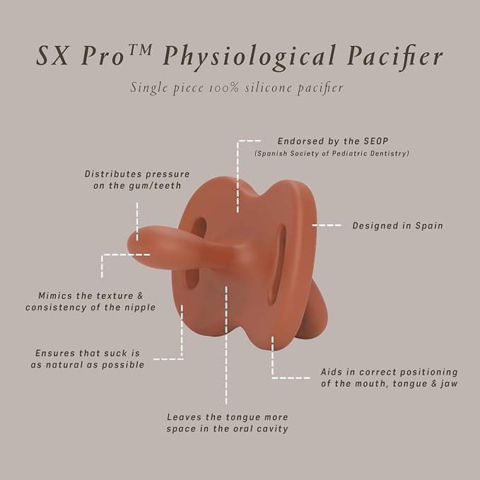 Color Essence SX PRO Silicone Baby Pacifier 2Pk, Made with 100% Soft Silicone, Baby Essentials Perfect for Breastfeeding Babies, Designed in Spain, 6-18 Mths, Mustard/Blue