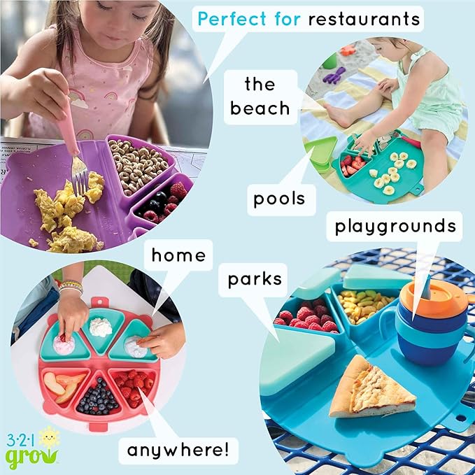 Silicone On-The-Go Snack Mat – Foldable Reusable Placemat with 3 Compartments and Lids – Travel-Friendly Baby and Toddler Snack Plate – Dishwasher Safe (Aqua)