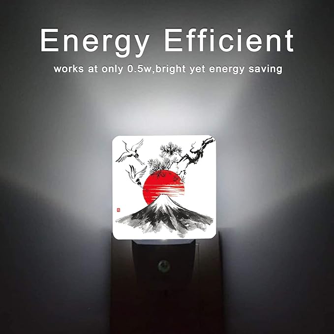 Mountain Fuji Night Light,Sun and Storks Japanese Landscape Night Lights Plug into Wall Led Night for Boys Girls Gifts, Dusk to Dawn Sensor Nightlight 0.5W Sleep Friendly