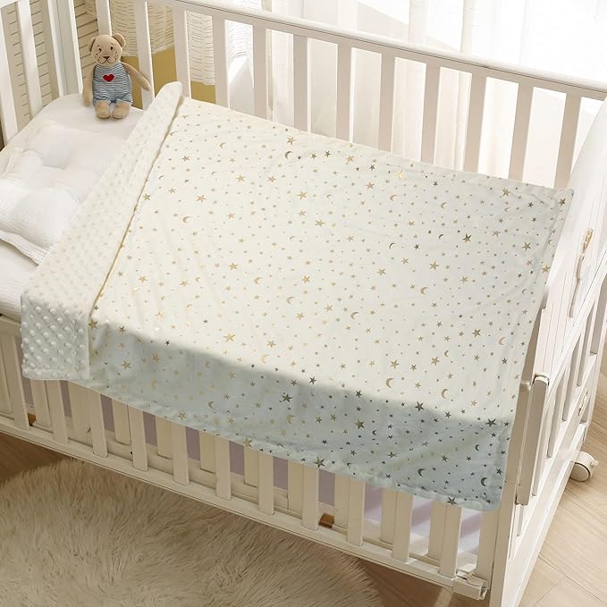 Baby Blanket for Boys Girls Soft Minky with Double Layer Dotted Backing, Star and Moon Printed 30 x 40 Inch Receiving Blanket (Beige)