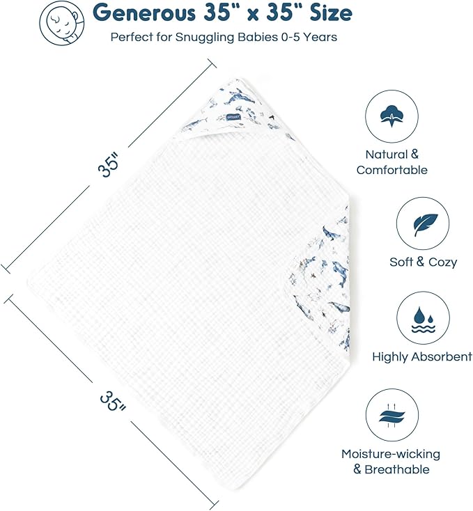 GRSSDER Ultra Soft Absorbent Muslin Cotton Baby Hooded Towel 2 Pack with Original Patterns, Extra Large Size 35"x 35" Swaddle Wrap for Newborn Infant and Toddler