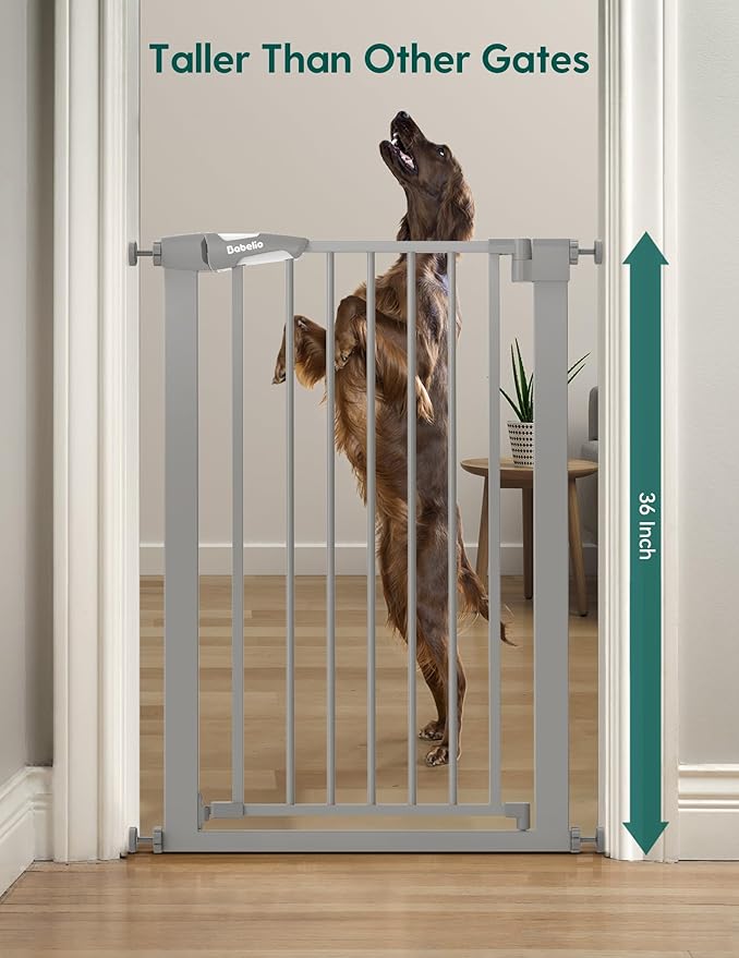 BABELIO 36" Tall Narrow Baby Gate, 26-28.5" Auto-Close Metal Dog Gate for Small Stairs/Doorways/Hallways, NO Drilling Pressure Mounted for Child and Pets, NO Extensions, Gray