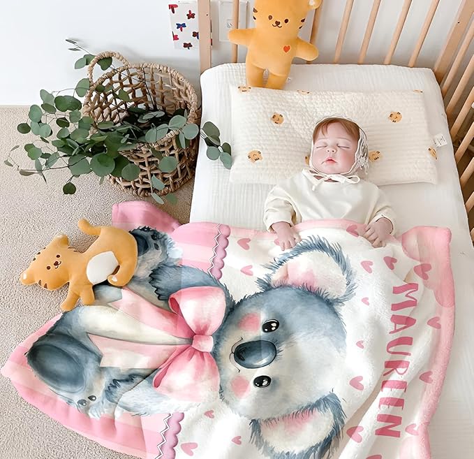 Personalized Baby Blanket for Girls, Custom Baby Blanket with Name, Soft Cozy Personalized Name Blankets for Kids, Customized Koala Blanket for Infant Toddler Birthday Christmas