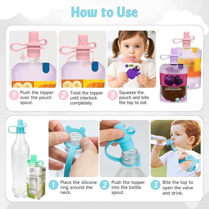 MORLIKE LIVING 2-in-1 Water Bottle Cap, 100% Silicone Topper for Food Pouch, No Spill Spout Adapter Turn Water Bottle into Sippy Cups, Protects Child’s Mouth, Travel Essentials (Mix/v2-4 Pack)