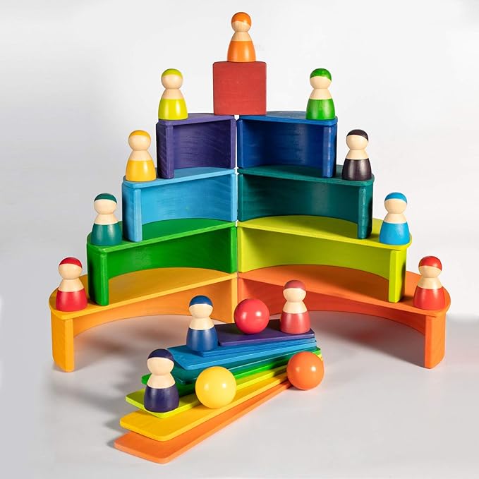 Wooden Rainbow Rectangle Stacker Toys, Rainbow Building Blocks Board Set for Kids, 11Pcs Rectangle Stacking Puzzle, Learning Creative Thinking Toys