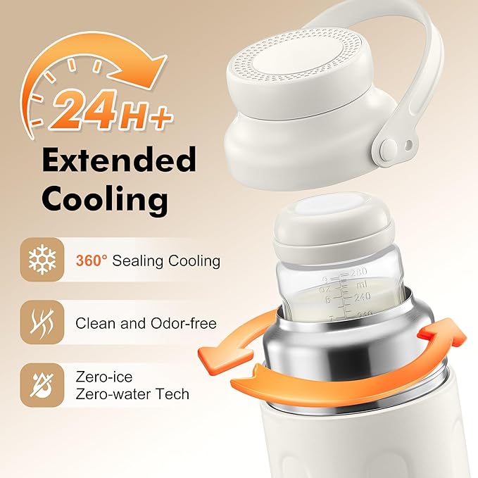 Portable Breast Milk Cooler - 19oz Breast Milk Cooler Bottle with 2pcs Baby Bottles, Breast Milk Chiller with Stainless Steel Ring Cooling for 24 Hours, Breastfeeding Essentials for Travel Outdoor