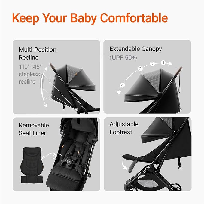 MAMAZING Lightweight Baby Travel Stroller with Carbon Fiber Frame, Compact & Airplane-Friendly, One-Handed Folding Design, 11.6 lbs, Perfect for Toddlers, Organizer & Cushion Included, Jet