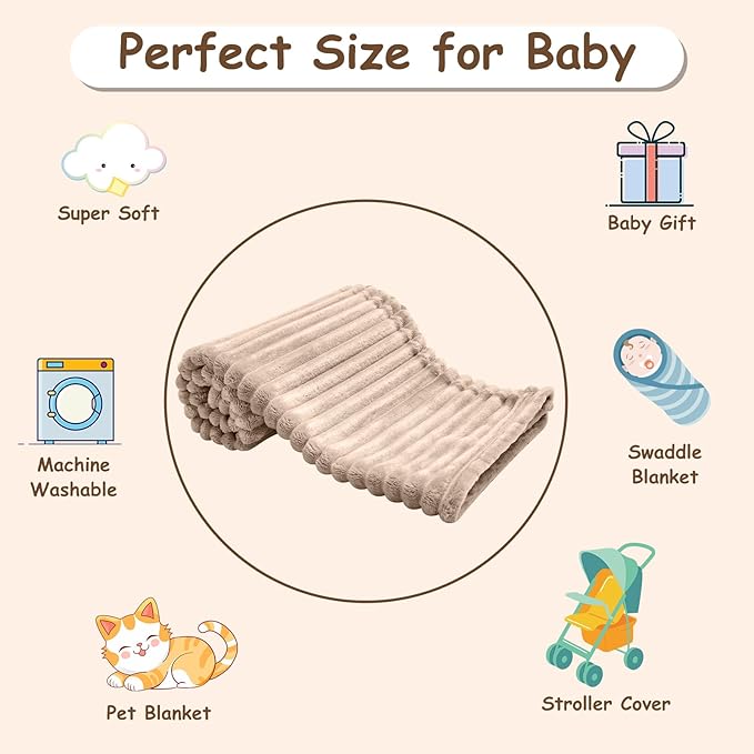 Soft Fleece Baby Blanket Ultra Cozy Baby Blankets for Boys Girls Warm and Lightweight Infant Toddler Newborn Receiving Gift with Reversible Stripes for Crib Stroller, 30x40 Inch, Linen