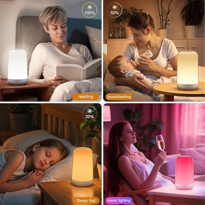 FRIDEKO HOME RGB Touch Bedside Lamp for Nightstand, 3 Color Temperatures Portable Rechargeable Cordless Night Light, Dimmable Mood Lighting for Bedroom, Living Room, Nursery, Breastfeeding, Kid, Adult