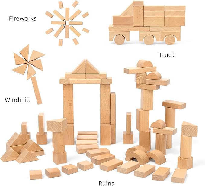 100pcs Natural Beech Wooden Building Blocks for Toddlers 1-3, Wooden Blocks for Baby Shower with Storage Bucket, Montessori Toys for Preschool Girls and Boys