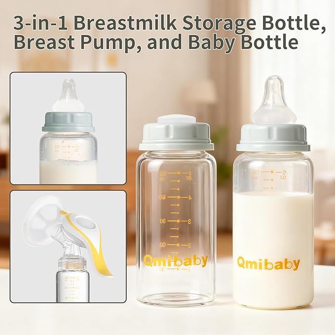 Natural Glass Baby Bottle 150ml 5oz Standard Neck Breast Milk Storage Bottles Compatible with Medela Breast Pumps for Breastmilk Storage Bottle Breastfeeding BPA-Free 4 Pack (Grey Lids)