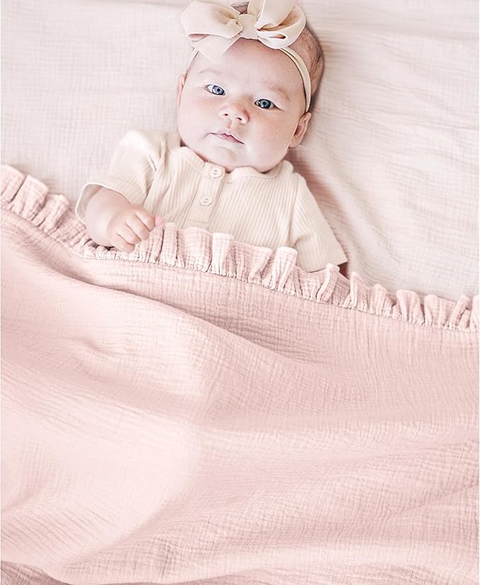Konssy Flounce Muslin Baby Blankets, Cotton Crib Blanket for Baby Infant Toddler, Super Soft and Lightweight Nursery Blankets 40"x36" (Baby Pink)