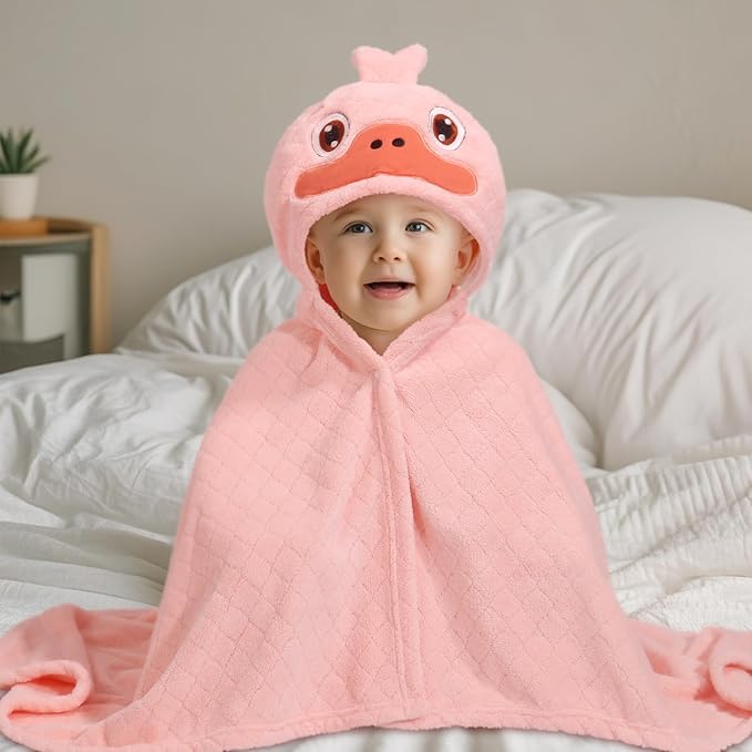 Toddler Bath Towels Age 1-2, Soft Absorbent Animal Hooded Towel for Kids Girls, 2 Pack 50" x 32" Large Thick Baby Towels with Hood, White Panda & Pink Duck Set