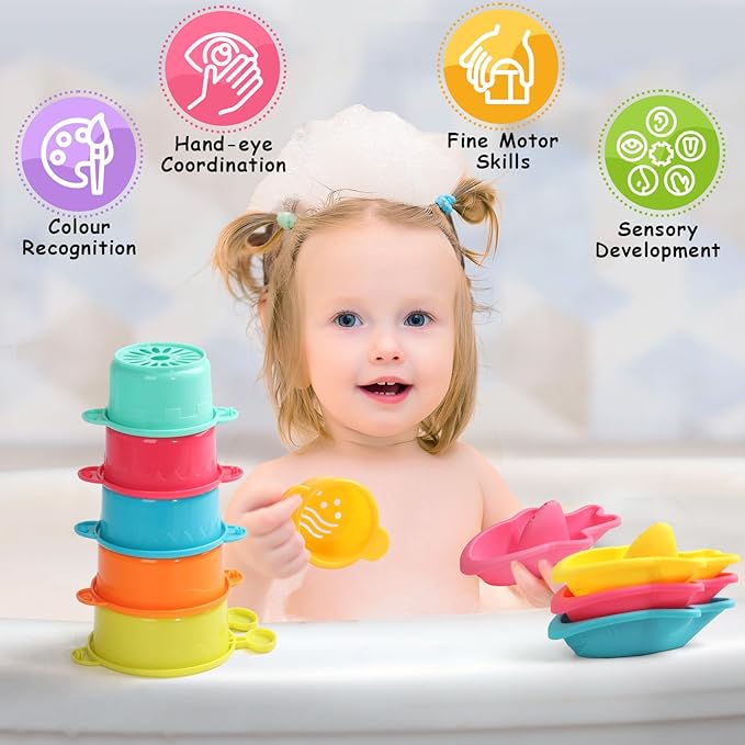 11 PCS Toddler Bath Toys for Kids Ages 1-3 Baby Shower Toys Mold Free Bathtub Toys for 12-18 Months Pool Water Table Sand Toys Stacking Cups & Floating Boats for Kids 2-4 Christmas Stocking Stuffers