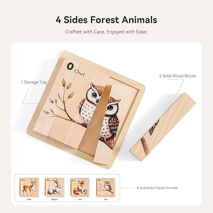 4 in 1 Wooden Animal Chunky Puzzle, 5 Solid Wood Puzzle Blocks with 4 Sides Realistic Forest Animals, Wooden Block Puzzle with Durable Base for Toddlers 3+ Years - Montessori Inspired