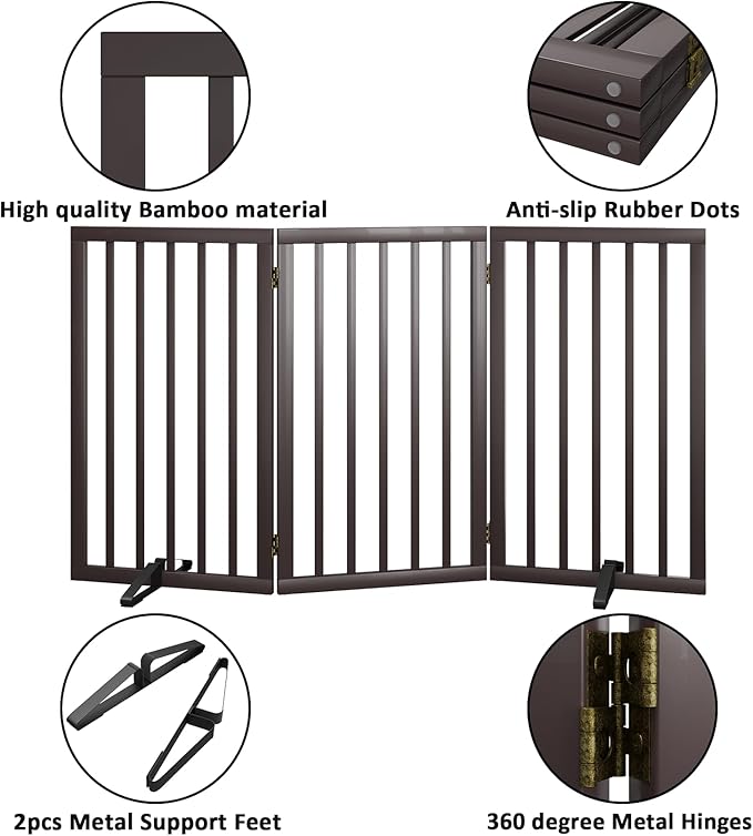 Dog Gate for Doorways 32" Tall Freestanding Dog Gate for Stair Foldable Pet Gate for Dogs Indoor (Brown,3 Panel)