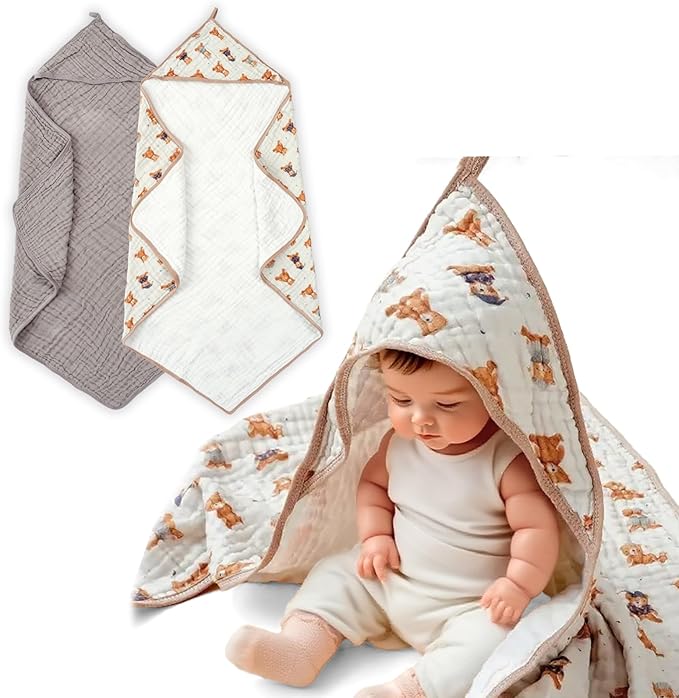 Muslin Hooded Baby Towels,2 Pack Baby Bath Towels,Large 31.5x31.5Inch,Hooded Towels for Baby and Infant,Soft&Absorbent(Brown and Bears)