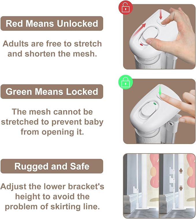 Retractable Baby Gate Child Safety 34" Tall x 71” Wide, Mesh, for Stairs, Doorways, Dogs, Pets, Indoor, Outdoor, One-Handed Operation, Locking, Easy Install, Hardware Mount, Flowers