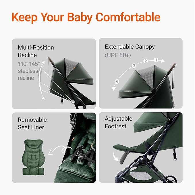 MAMAZING Lightweight Baby Travel Stroller with Carbon Fiber Frame, Compact & Airplane-Friendly, One-Handed Folding Design, 11.6 lbs, Perfect for Toddlers, Organizer & Cushion Included, Green