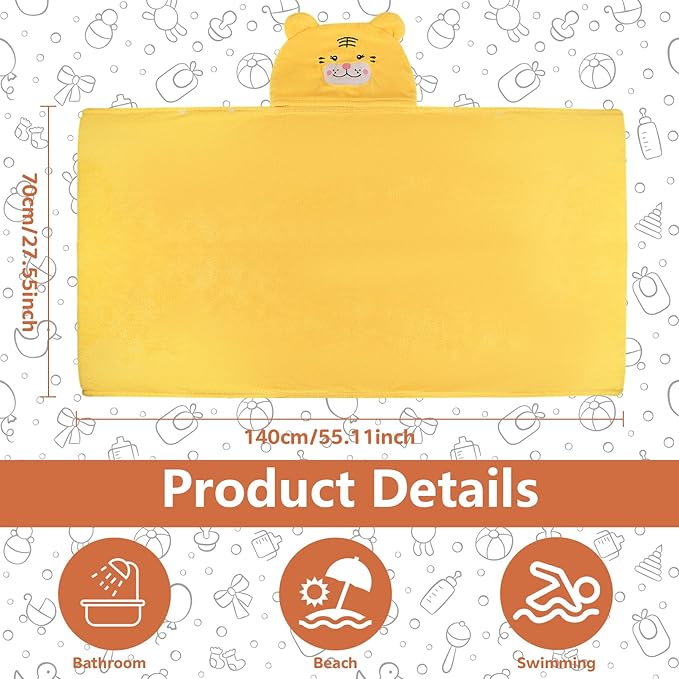 2 Pack Hooded Towel, 27.5 x 55 inch Absorbent Bath Towel for Babies, Soft Toddler Bath Towel, Thick Toddler Towels with Hood for Girls Boys,Yellow and White