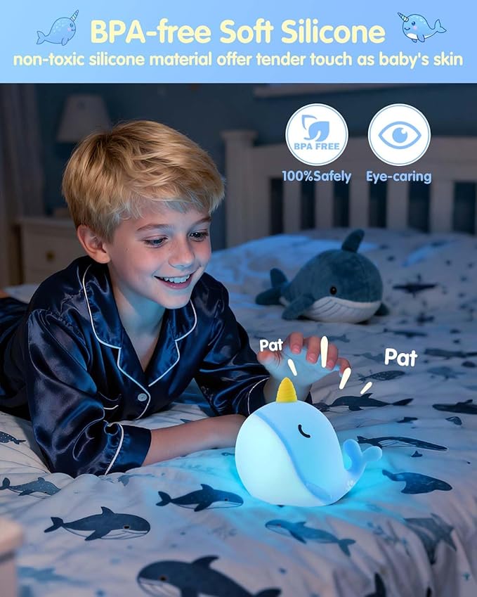 Fuloon Narwhal Night Light with Whale Shape, Squishy Silicone Kids Lamp, Safe & Soothing Touch Control for Kids and Babies, USB-C Rechargeable, 30-Min Auto Timer, Gift Idea (Blue)