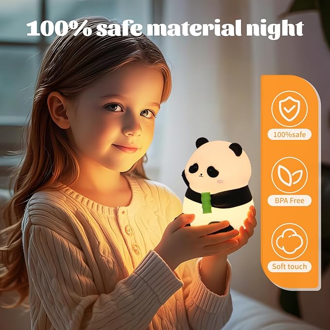 Panda Night Light, Silicone Lamp – Tap-Control Dimmable, 10H High/50H Low Battery Life, Soft Light for Breastfeeding Nursery, Cute Panda Gifts for Kids Boys Girls, Bedside Desk Decor