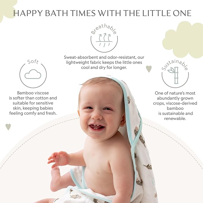 Bamboo Viscose Baby Hooded Towel & Washcloth Set for Babies and Toddlers, Soft & Absorbent, 70% Viscose from Bamboo, 30% Cotton Muslin - Imported (Otter)