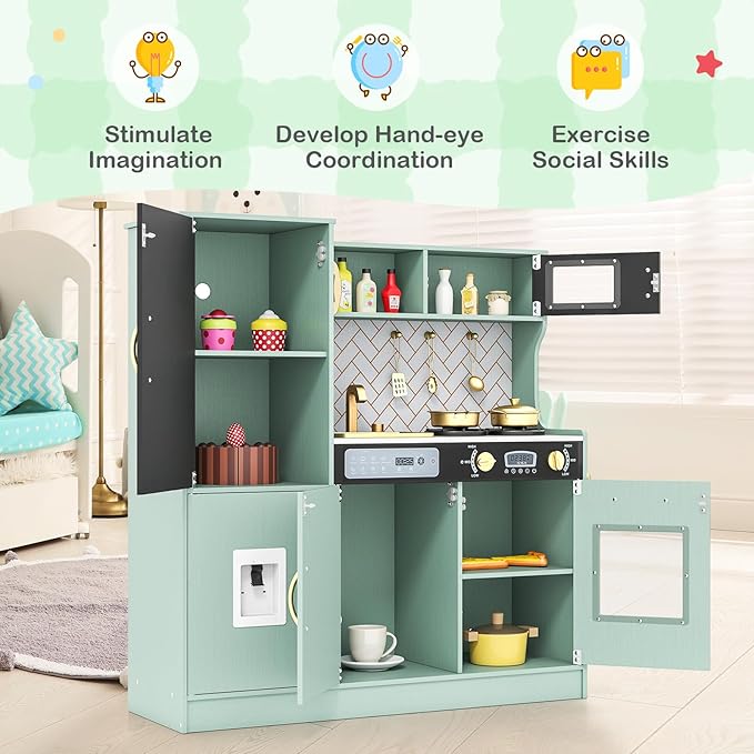 HONEY JOY Upgrade 39 in Kids Kitchen Playset, Large Wooden Little Chef Pretend Toy Kitchen Set w/Chalkboard, Telephone, Utensils, Oven, Microwave, Sink, Storage, Play Kitchen for Toddlers, Green