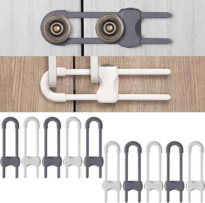 Jetec 10 Pieces Cabinet Locks for Babies, U-Shaped Proofing Drawers Safety Child Locks Adjustable, Easy to Use Childproof Latch for Knob Handle on Kitchen Door Storage Cupboard Closet (Gray, White)