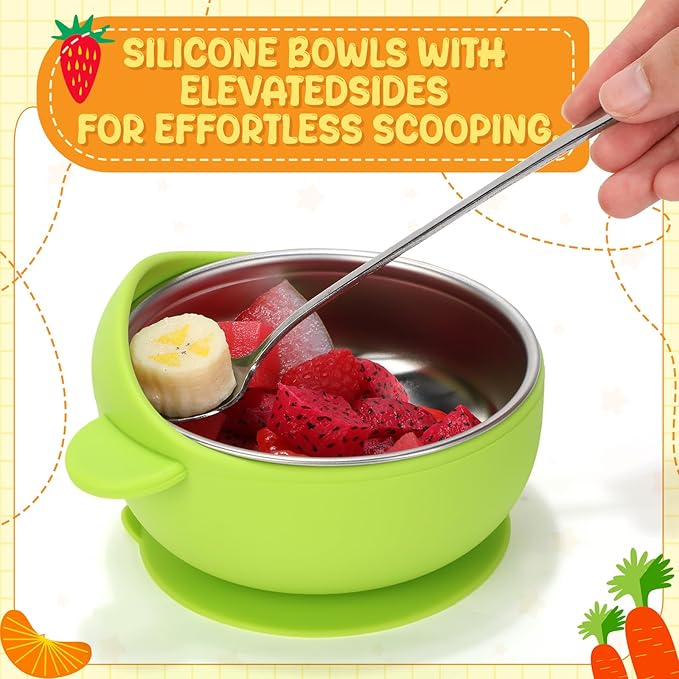 Nuogo 6 Pcs Stainless Steel Baby Bowls with Removable Silicone Shell 304 Toddler Bowls Kids Anti Scald Snack Container for Food Feeding, Dishwasher Safe(Cute Color,Suction-d)