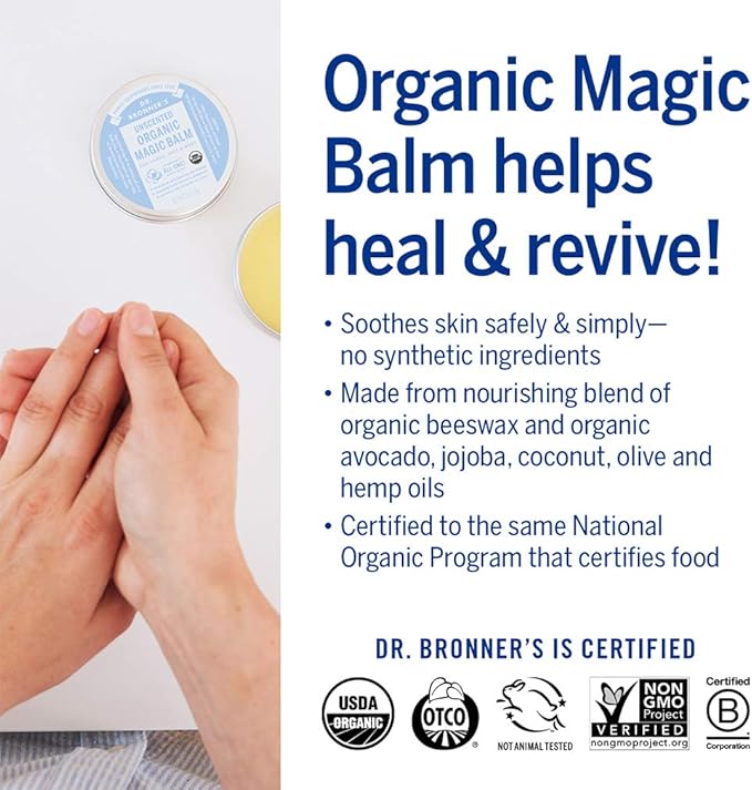Dr. Bronner's - Organic Magic Balm - Baby Unscented, Made with Organic Beeswax & Hemp Oil, Moisturizes & Soothes Hands, Face & Body (2 oz, 2-Pack)