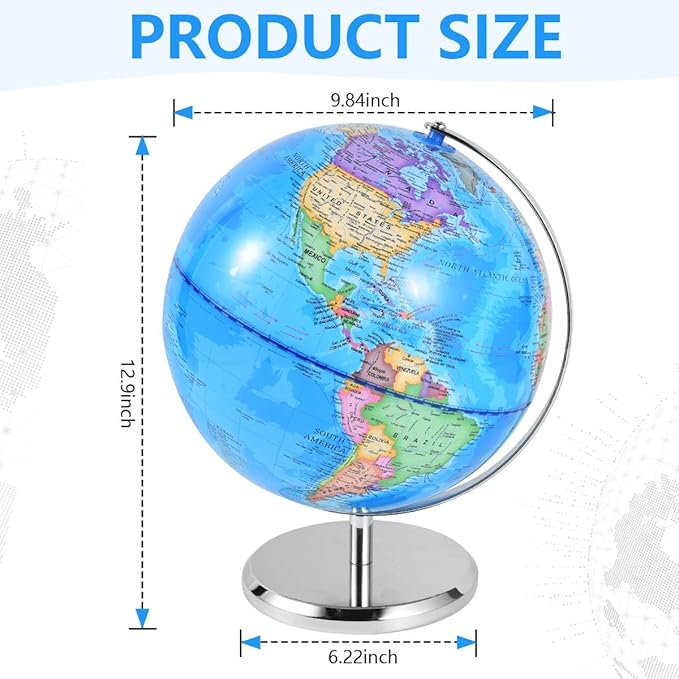 10 Inch World Globe Rotating Earth Spinning Globe with Heavy Metal Stand for Kids Geography Classroom Education or Office Home Decorations