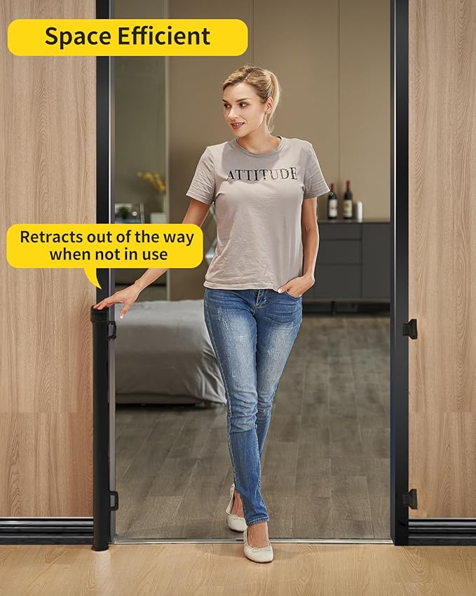 Retractable Baby Gate for Stairs – 33” Height, Expands up to 55” Width – Safety Gate for Infants, Toddlers, Dogs & Pets – Easy Install, Secure Closure, Black Mesh Design for Indoor & Outdoor Use