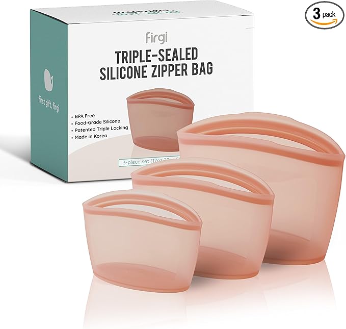 Premium Platinum Silicone Reusable Food Storage Bags 3-Pack (17 fl oz + 29 fl oz + 51 fl oz), Airtight Zip Lock Bags for Food, BPA-Free Silicone Freezer Bags, Rose