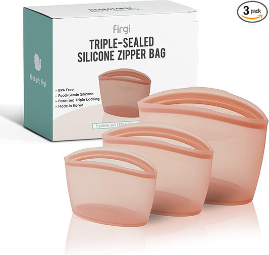 Premium Platinum Silicone Reusable Food Storage Bags 3-Pack (17 fl oz + 29 fl oz + 51 fl oz), Airtight Zip Lock Bags for Food, BPA-Free Silicone Freezer Bags, Rose