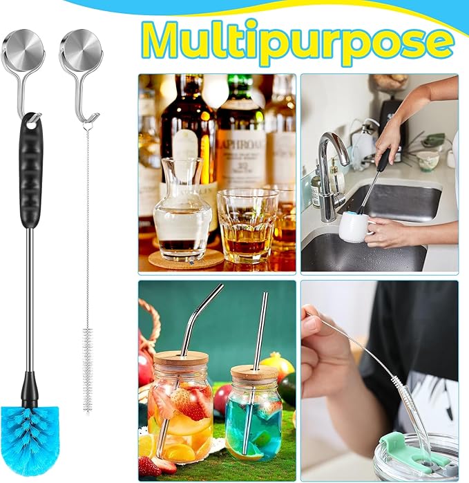5 Pack Bottle Cleaning Brush Set, Stainless Steel Scrub Cleaner Brush with 14'' Long Handle and 3 Straw Brushes, Flexible for Cleaning Sport Water Bottles, Straws, Coffee Mug, Cups, Baby Bottle