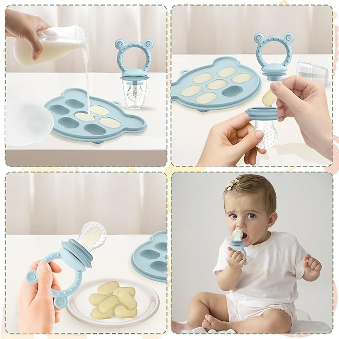 JEXFUN Silicone Baby Fruit Food Feeder Pacifier & Breastmilk Popsicle Freezer Molds for Cooling Relief, BPA Free Silicone Feeder to Safely Introduce New Foods, Double as Teething Toys, 4 Month+