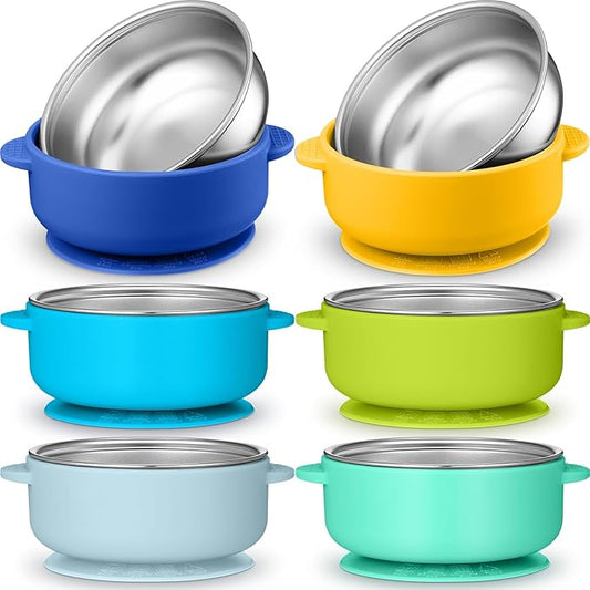 Nuogo 6 Pcs Stainless Steel Baby Bowls with Removable Silicone Shell 304 Toddler Bowls Kids Anti Scald Snack Container for Food Feeding, Dishwasher Safe(Blue Series Color,Suction-a)