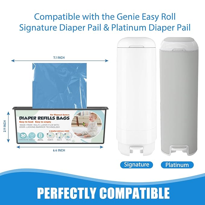 Diaper Pail Refills Bags with 30 Bags Compatible with Genie Easy Roll Signature and Platinum Diaper Pails, 7-Layer Odor-Barrier Technology, 6 Pack (180 Bag)