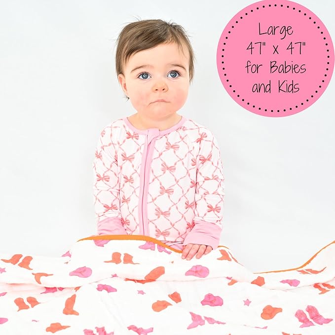 LollyBanks Muslin Baby Blanket 100% Organic Cotton, Muslin Quilt Lightweight, Western Girl Muslin Blanket, 6 Layers Baby Blankets 47"x 47", Soft Nursery Receiving Blankets (Pink Boot)