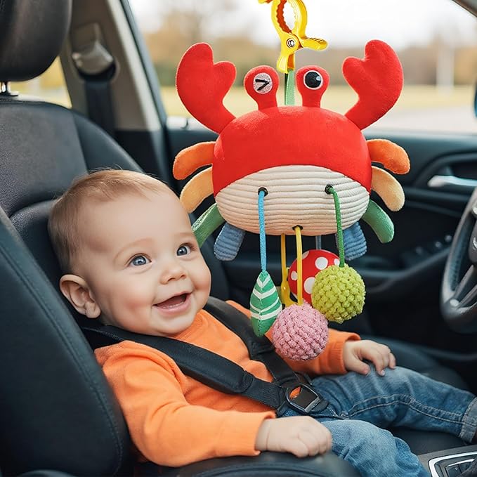 Carseat Toys Hanging, Crab Stroller Toy with Clamp,Plush Pull String Sensory Rattle,Built-in Bell, Rattle,Squeaky,Mirror for Infant,Babies Gift 0-3-6-12 Months Boy Girl