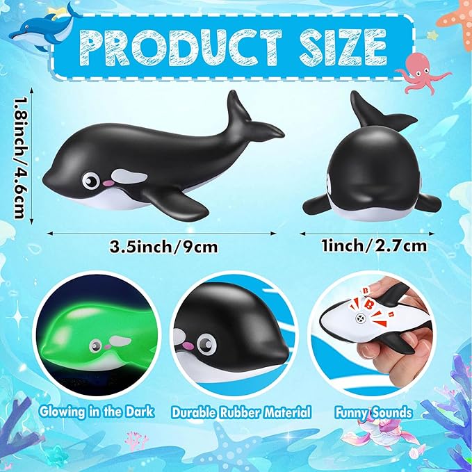 HyDren 48 Pcs Glow in The Dark Rubber Whale Bulk Squeaky Rubber Whale Luminous Mini Sea Animal Toys Bathtub Favors for Classroom Operation Christmas Basket Stuffers Child Gift Bulk(Black)