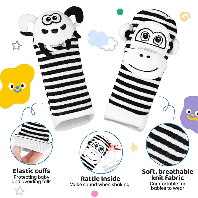 Baby Socks & Wrist Rattles Toys for 0-12 Month,Black And White High Contrast Baby Toys 0-6 Months,Baby Boy Girl Gifts 0-3 3-6month Toy,2 3 4 Month Old Baby Toys,Infant Sensory Newborn Toys