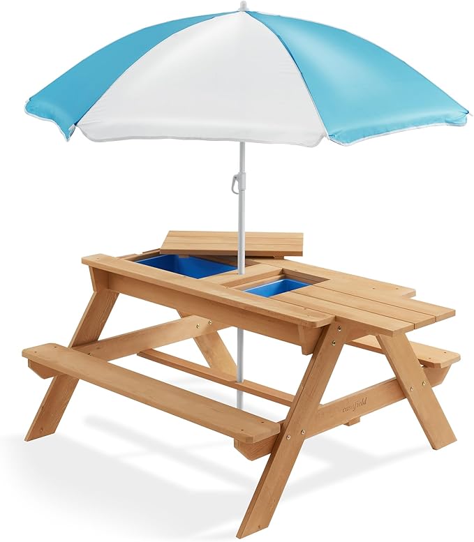 Casafield Children's Sand and Water Activity Table, 3-in-1 Wooden Outdoor Picnic Table with Umbrella, 2 Play Boxes and Removable Lid, Natural