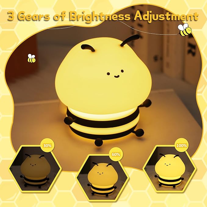 Bee Gifts, Cute Bee Night Light, Animal Silicone Nursery Lamp with Dimming and Timing Function, 9 Lighting Effects, Cute Room Decor Lights