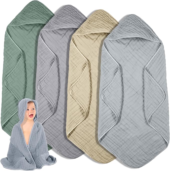 Peryiter 4 Pcs Muslin Hooded Baby Towels, 32"x 32" Cotton Newborn Bath Towel Muslin Infant Baby Blankets Absorbent Unisex Christmas Registry Gift Essentials for Girls Boys (Green,Gray,Brown,Blue)