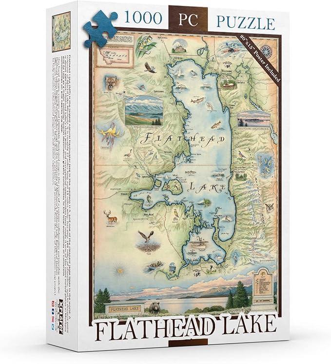 Montana's Flathead Lake Map Cardboard Jigsaw Puzzle - 1000 Pieces, Hand-Illustrated - Educational, Family Activity, Ages 7+, Includes Poster - 25.4 x 19.8